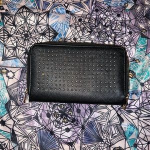 black, gold stud, 2 zip wallet